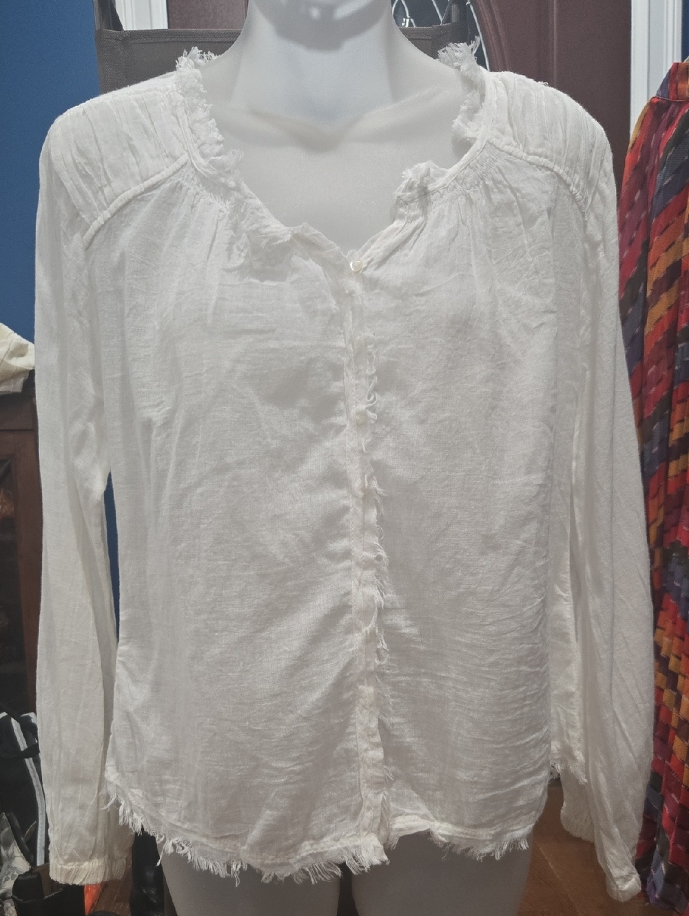 Fei by Anthropologie - White Frayed-Edge Button Front Blouse, Small